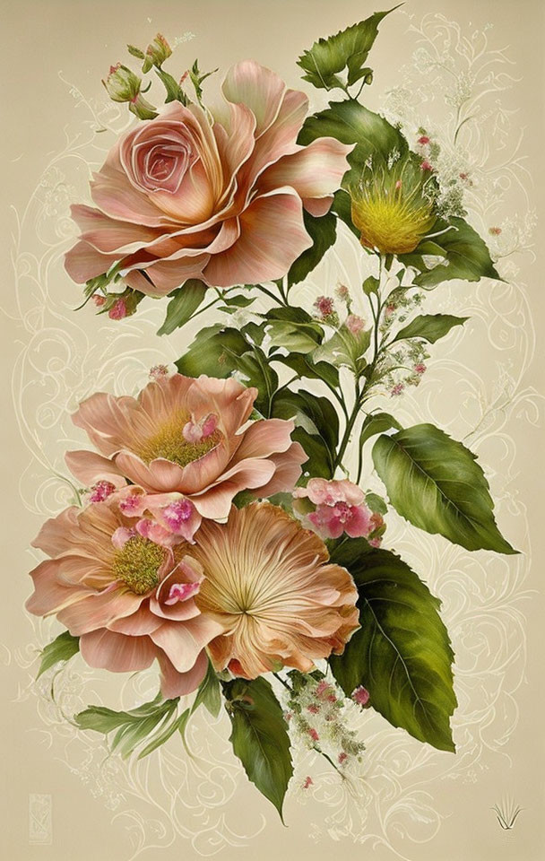 Detailed botanical illustration of blooming roses in pink and cream with green foliage