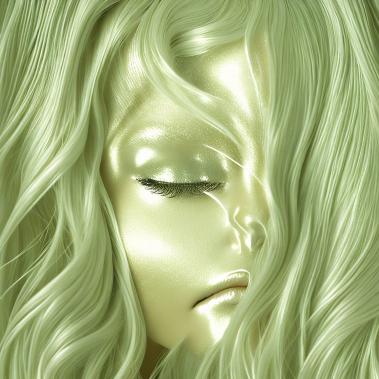 Golden face with flowing wavy hair and closed eyes.