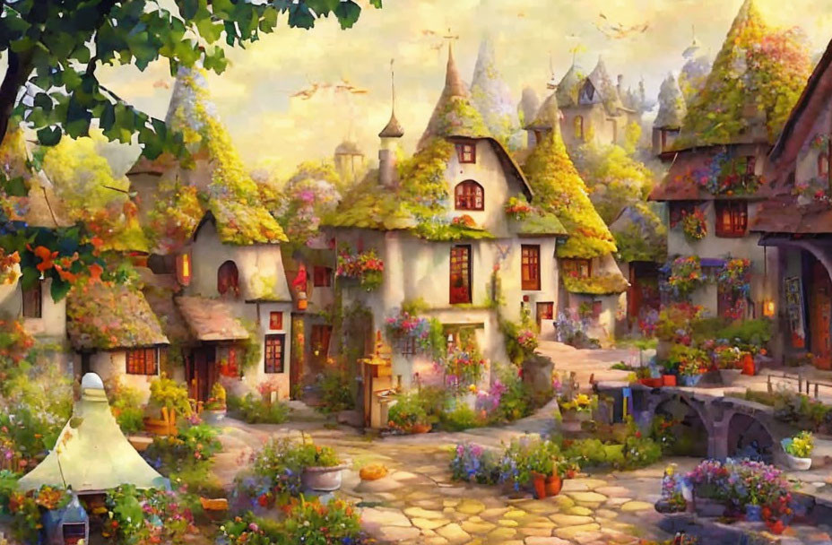 Whimsical village with thatched-roof cottages and blooming flowers