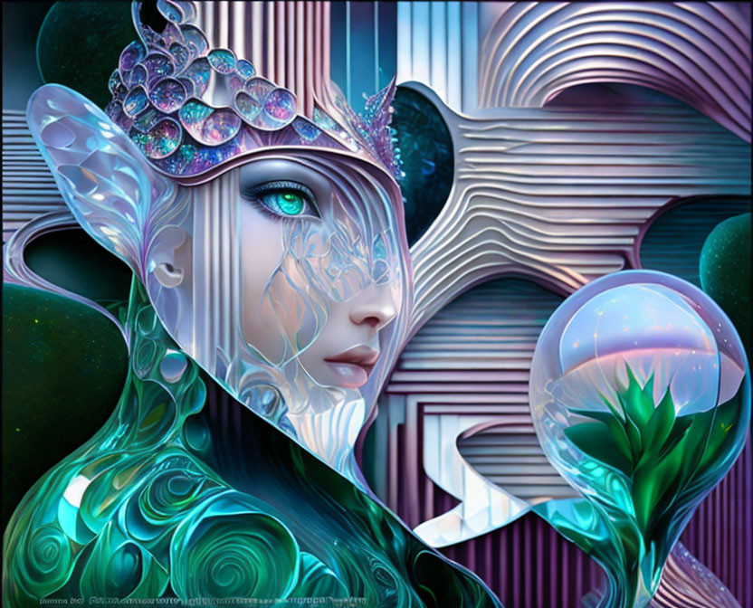 Fantasy figure with ornate crown and elf-like ears on abstract background