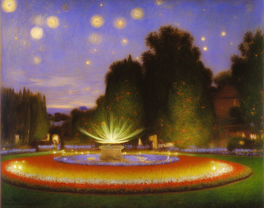 Vibrant night scene with starry sky, fountain, flowers, and trees.