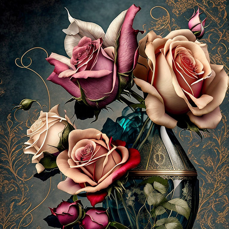 Vibrant still life: red, pink, and peach roses on textured dark backdrop