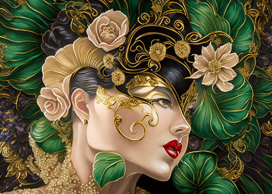 Illustrated woman with golden hair accessories and decorative mask in green floral setting