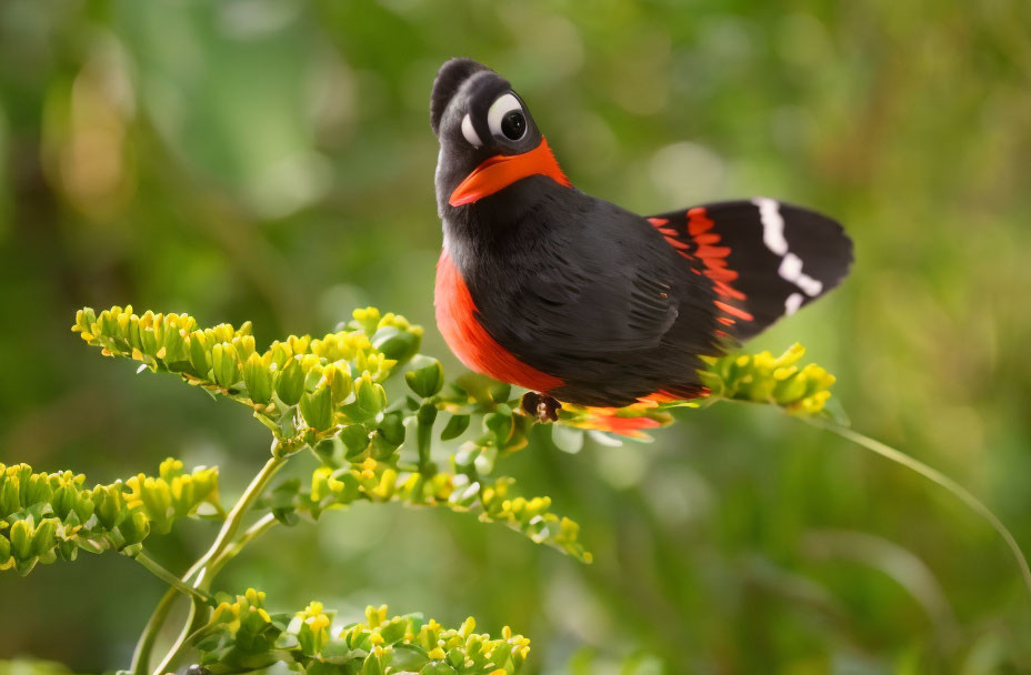 Colorful Bird with Black, Red, and White Plumage Perched on Flowers