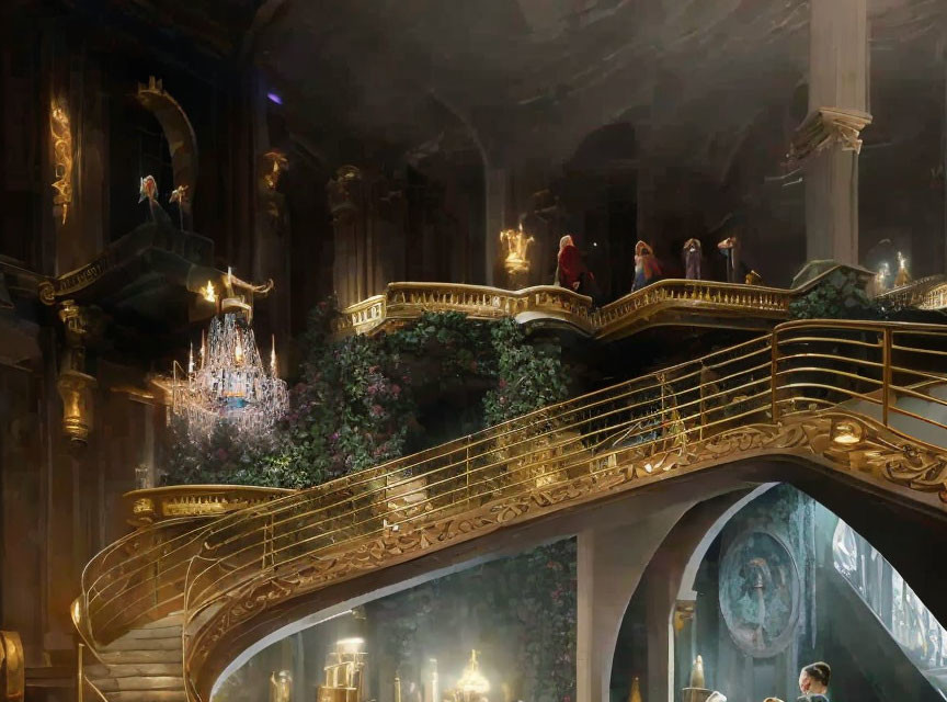 Luxurious interior with golden staircase, greenery, and people conversing under warm light