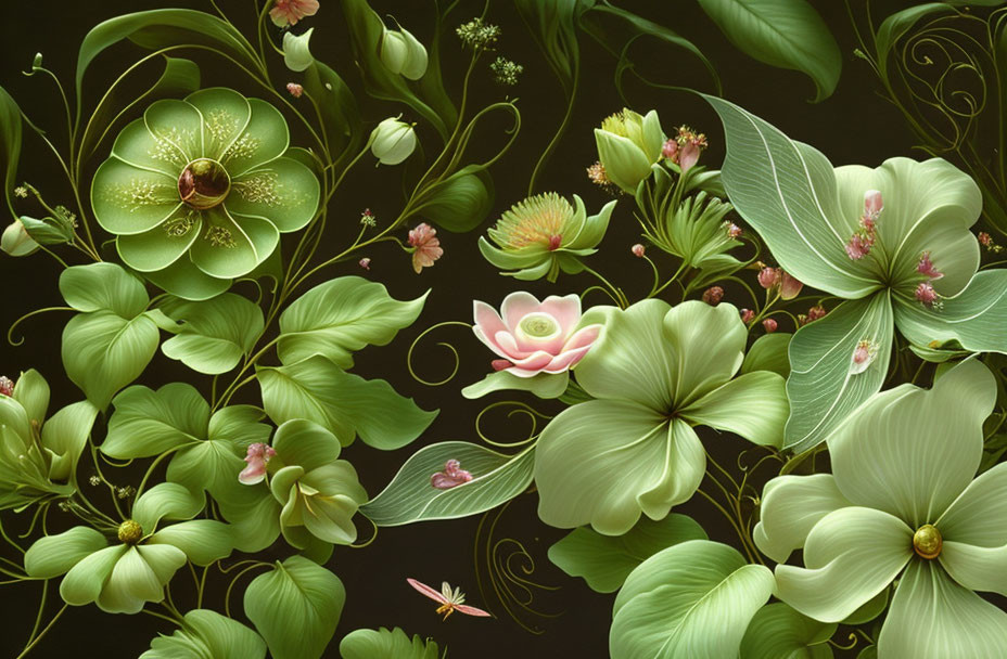 Detailed Botanical Illustration: Green Leaves and Pink Flowers on Dark Background