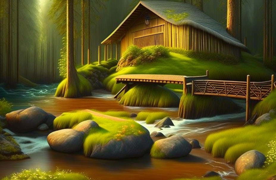 Wooden Cottage with Grass Roof by Serene Stream in Lush Forest