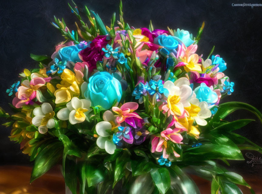 Colorful artificial flower bouquet on dark background