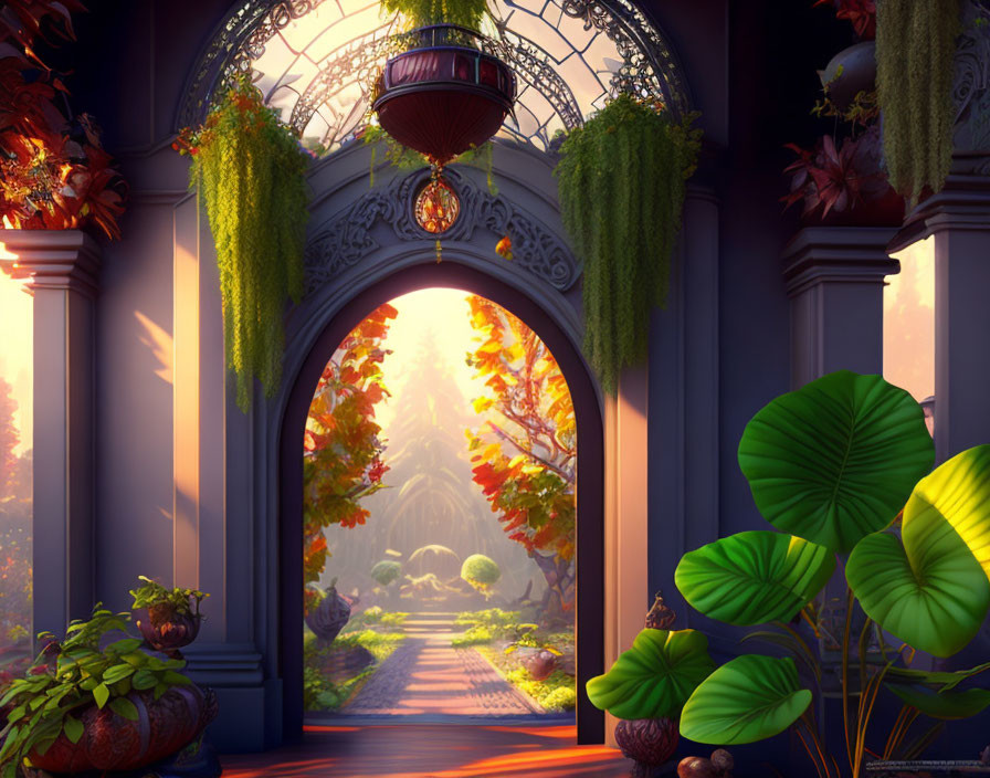 Autumnal garden with vibrant leaves and warm sunlight viewed from shadowed archway