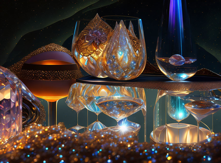 Shiny glassware and orbs on mirrored surface with gold particles