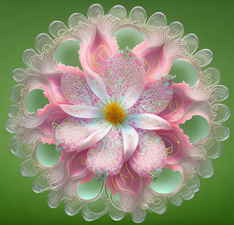 Symmetrical fractal-like flower pattern on green background