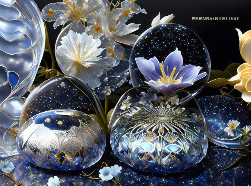 Cosmic-themed glass orbs with white flowers and gold filigree on black background