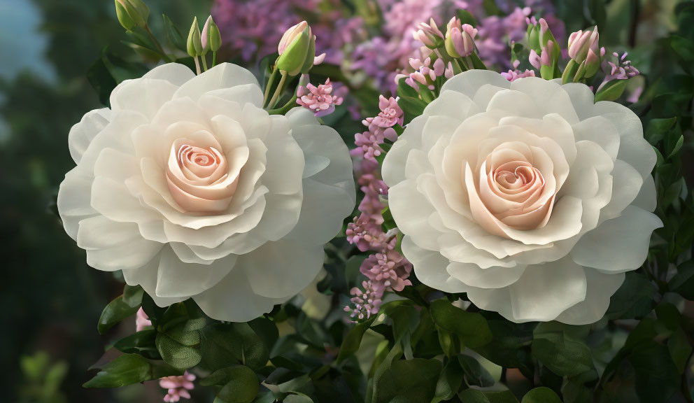 White Roses in Full Bloom with Pink Buds and Green Leaves on Blurred Background