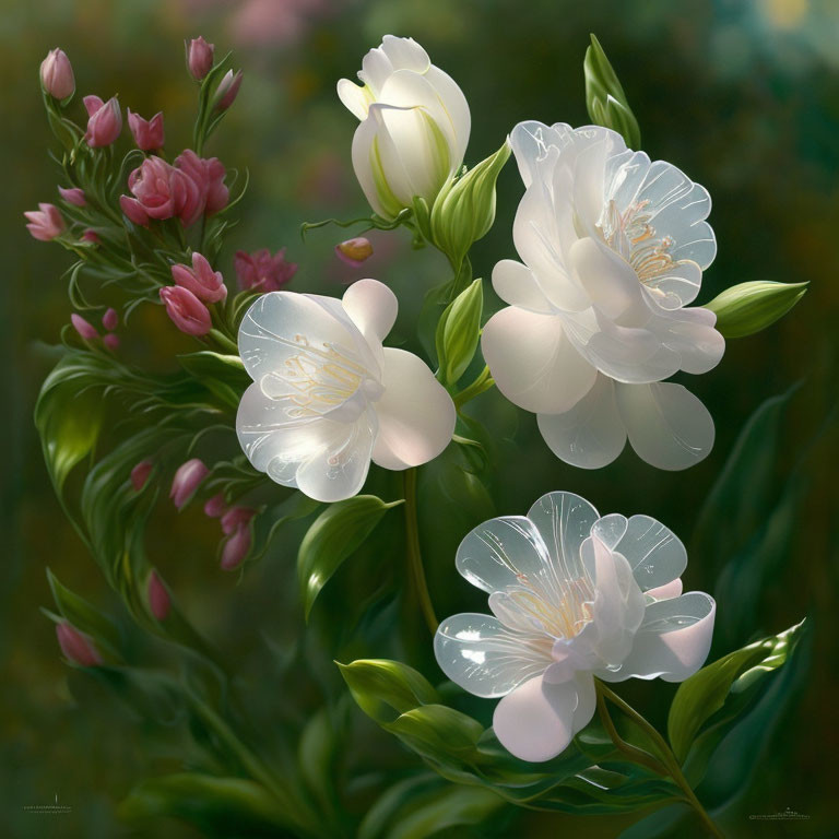 Detailed Painting of White Flowers with Translucent Petals and Green Leaves