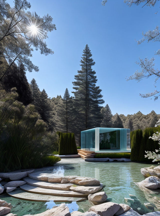 Outdoor Pool with Glass Structure Surrounded by Nature