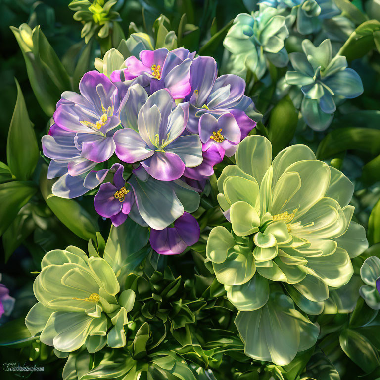 Vibrant Purple and Green Flowers in Lush Garden