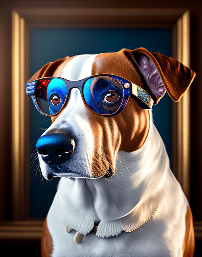Stylized portrait of a dog with blue glasses on dark background