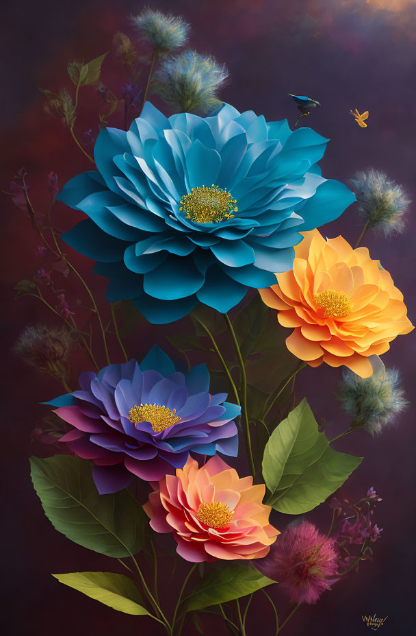 Colorful digital artwork: Trio of detailed flowers in blue, orange, and purple with insects on mo