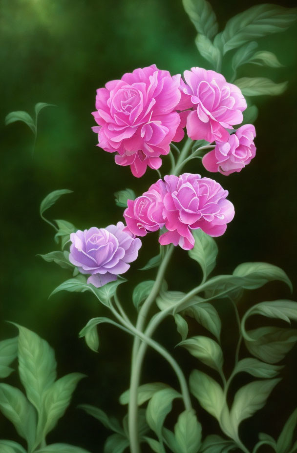 Cluster of Pink and Purple Roses with Green Leaves on Soft-focus Background