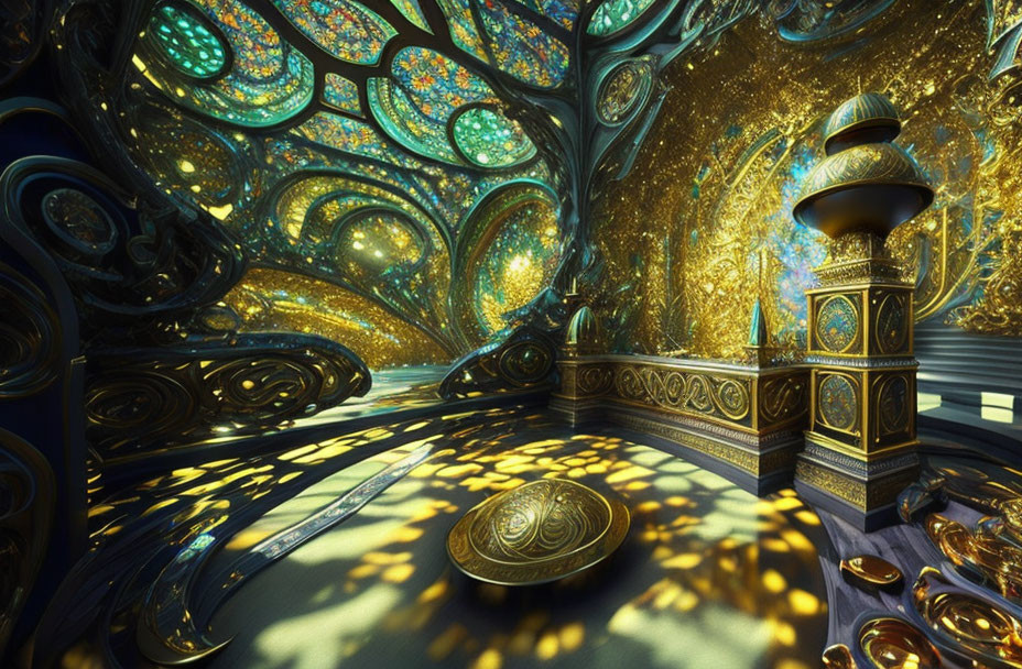 Intricate Gold Patterns and Blue Mosaic Ceilings in Fantastical Interior