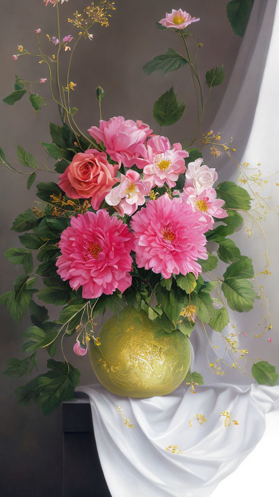Pink roses and peonies in gold vase on grey backdrop with white cloth