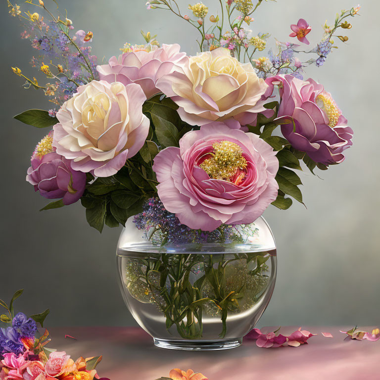 Pink and Purple Flower Bouquet in Clear Glass Vase