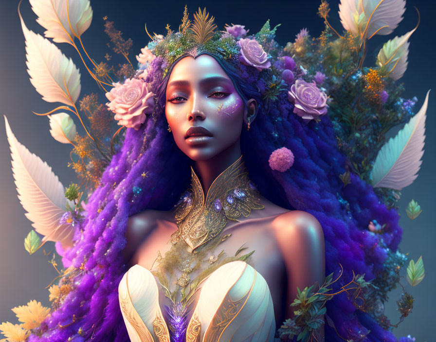 Fantastical portrait of a woman adorned with purple flora, feathers, and golden jewelry