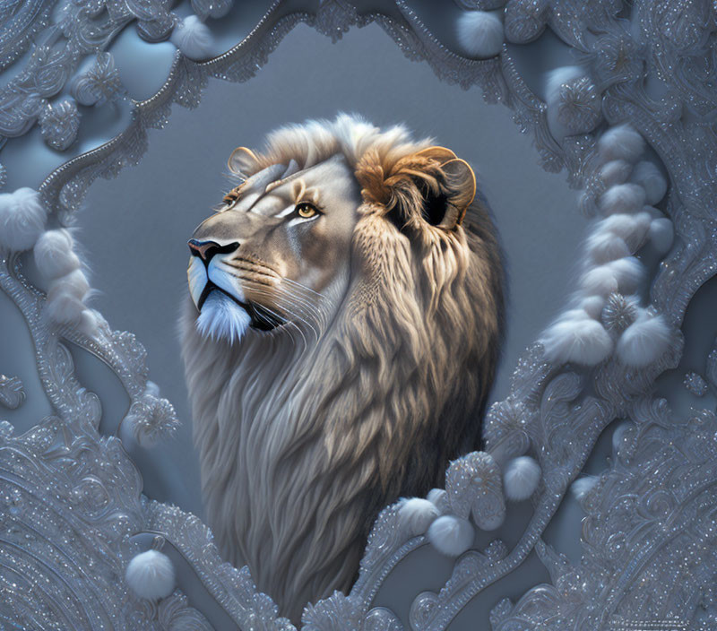Majestic grey lion head with intricate lace patterns on blue background
