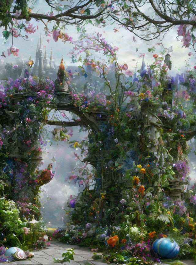 Vibrant garden with butterflies, lush greenery, and castle in mist
