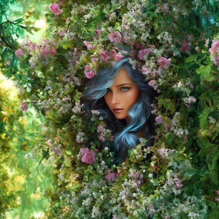 Blue-tinted hair person blending with green leaves and pink flowers