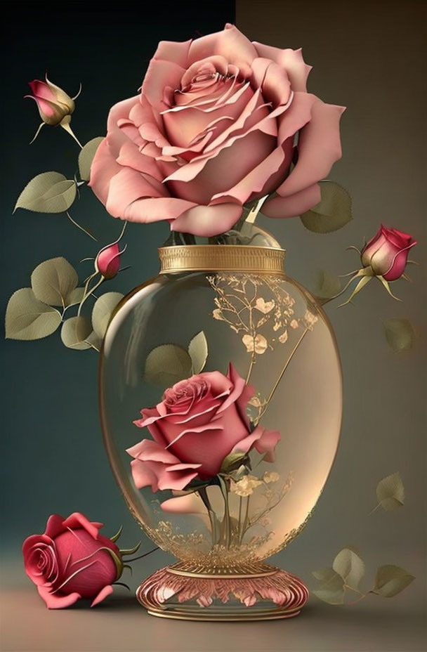 Digital Art: Oversized Pink Roses in Vintage Jar with Golden Accents