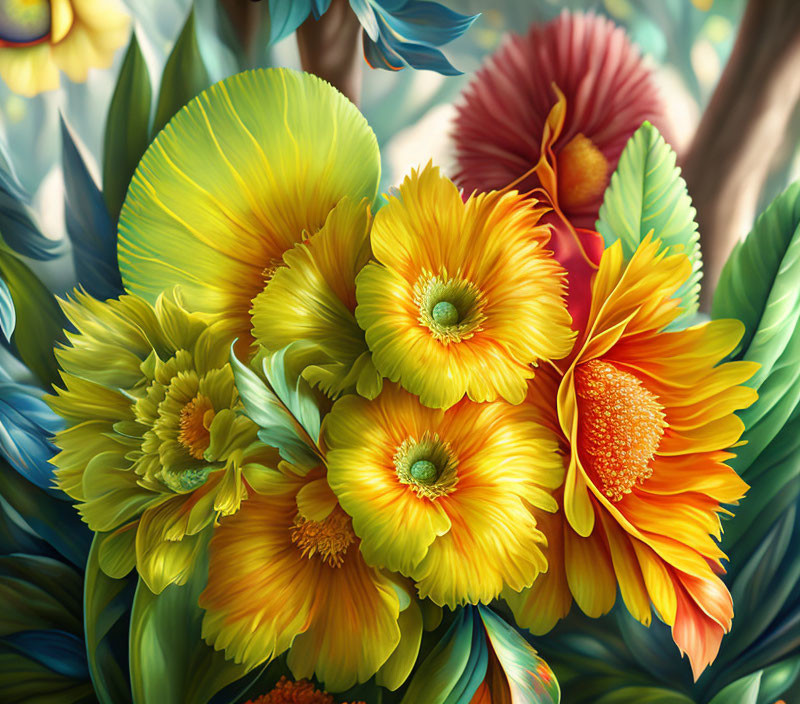 Colorful digital flower bouquet in yellow, orange, and green hues