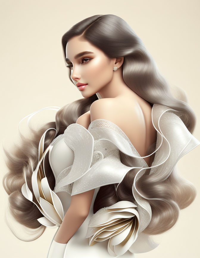 Detailed illustration of woman with voluminous wavy hair and white ribbon dress on neutral background