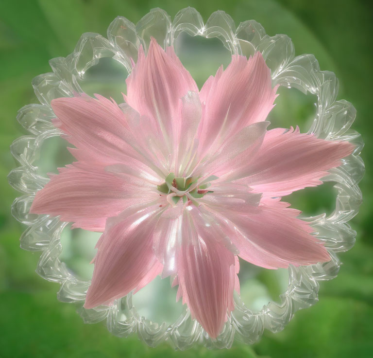 Pink flower encased in crystal-like structure on green background