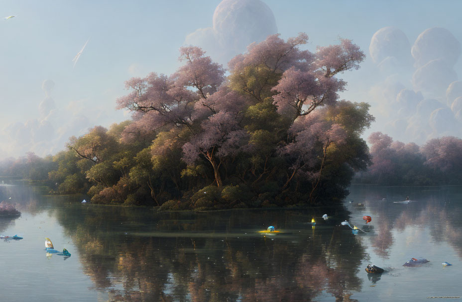 Lush island with blooming cherry trees and serene water, birds in misty backdrop