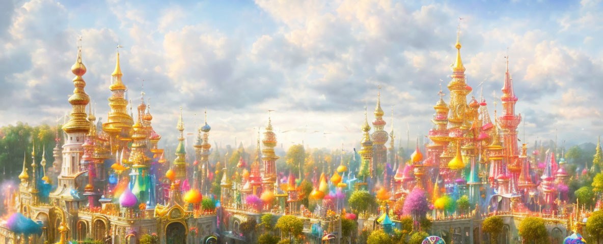 Colorful spires in fantastical cityscape under luminous sky