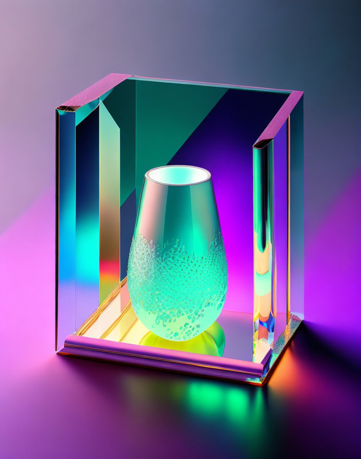 Iridescent Glass Sculpture with Translucent Vase in Multicolored Cube