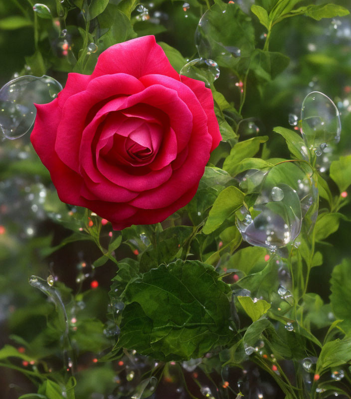 Pink Rose with Greenery and Water Droplets
