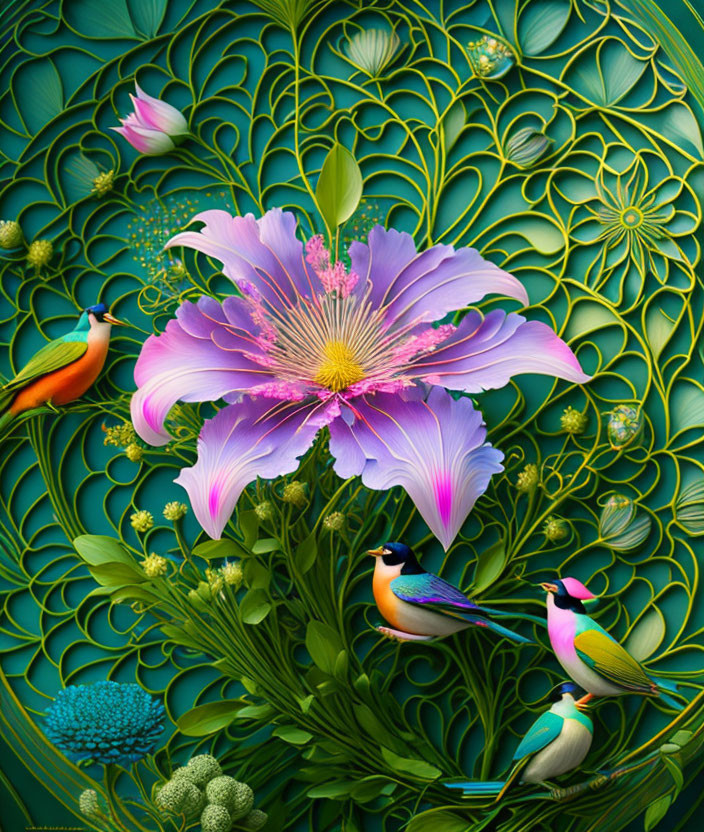 Colorful digital artwork: Large purple flower, intricate details, lush foliage, stylized birds.