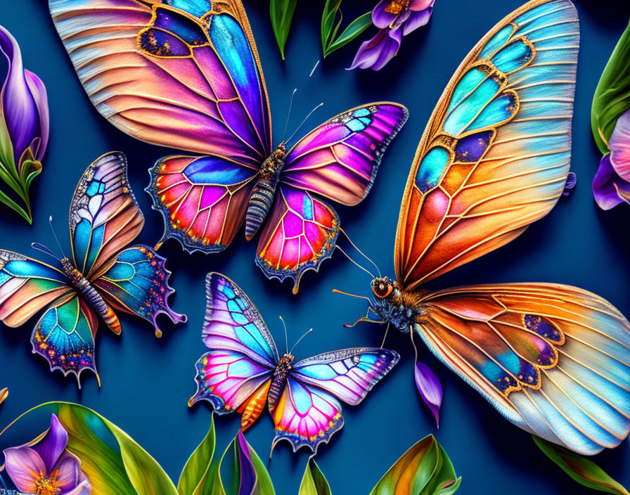 Illustrated butterflies with diverse wing patterns on colorful flowers in blue backdrop