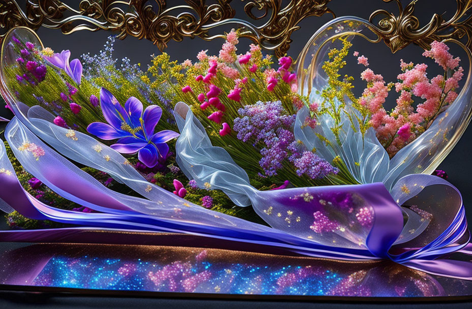 Colorful flower arrangement in heart-shaped vase on dark backdrop