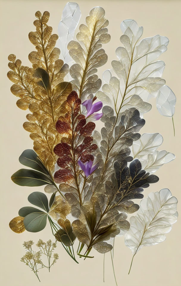 Translucent leaf arrangement with vibrant purple flower