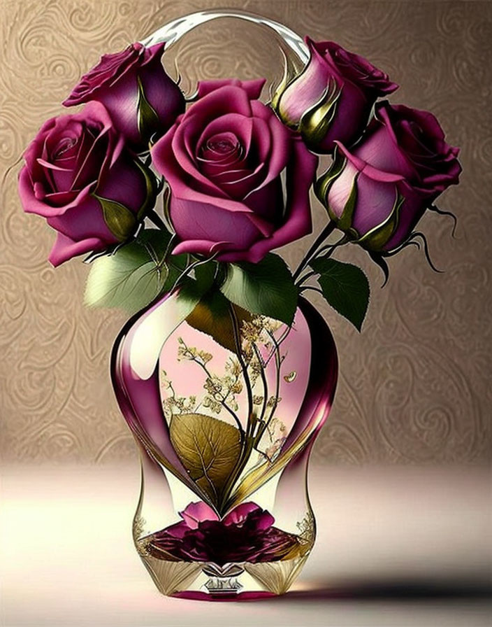 Digital artwork: 3D purple roses in ornate glass vase on beige background