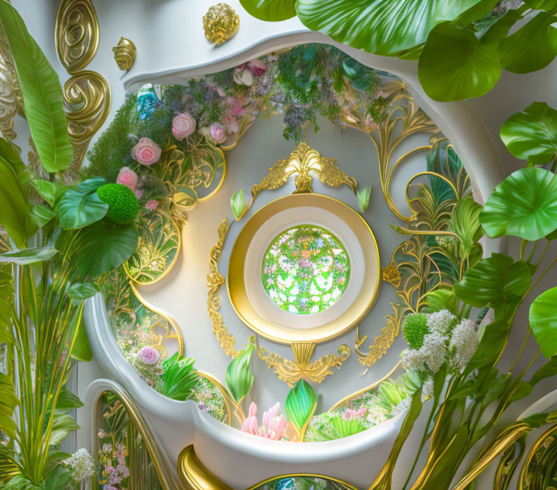 Golden mirror with floral and leaf designs in whimsical scene.