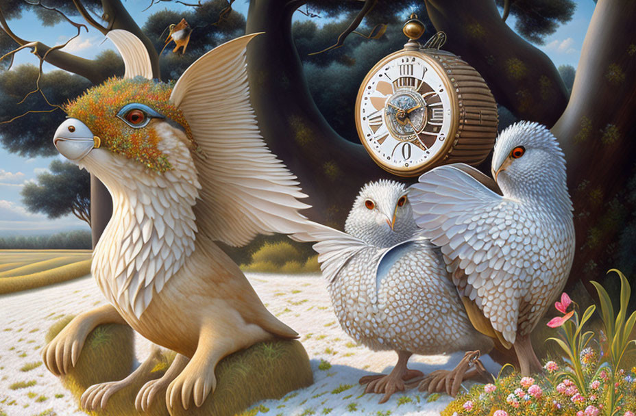 Surreal painting: Griffin with owl face, pocket watch, and feathered creatures