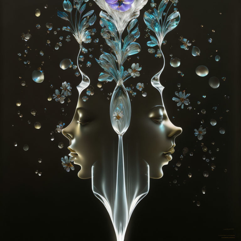 Mirrored profiles with crystal, flowers, leaves, bubbles on dark background