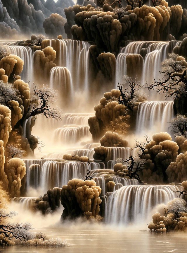 Tranquil waterfalls in autumn forest with misty pools