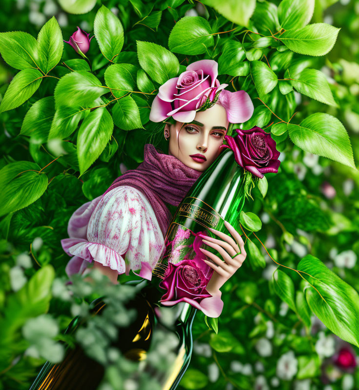 Woman with Striking Makeup Among Green Leaves and Pink Roses Holding Green Bottle