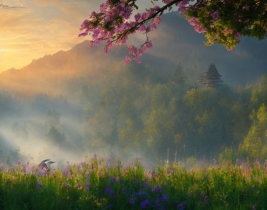 Scenic misty sunrise with forest, pagoda, flowers, and bird.