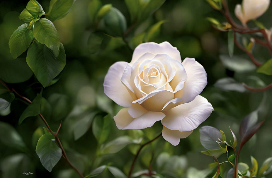 Cream rose in full bloom amidst green leaves and budding flowers